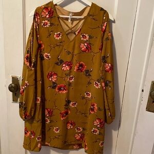 Womens cold shoulder dress. Gold, brown and coral in color